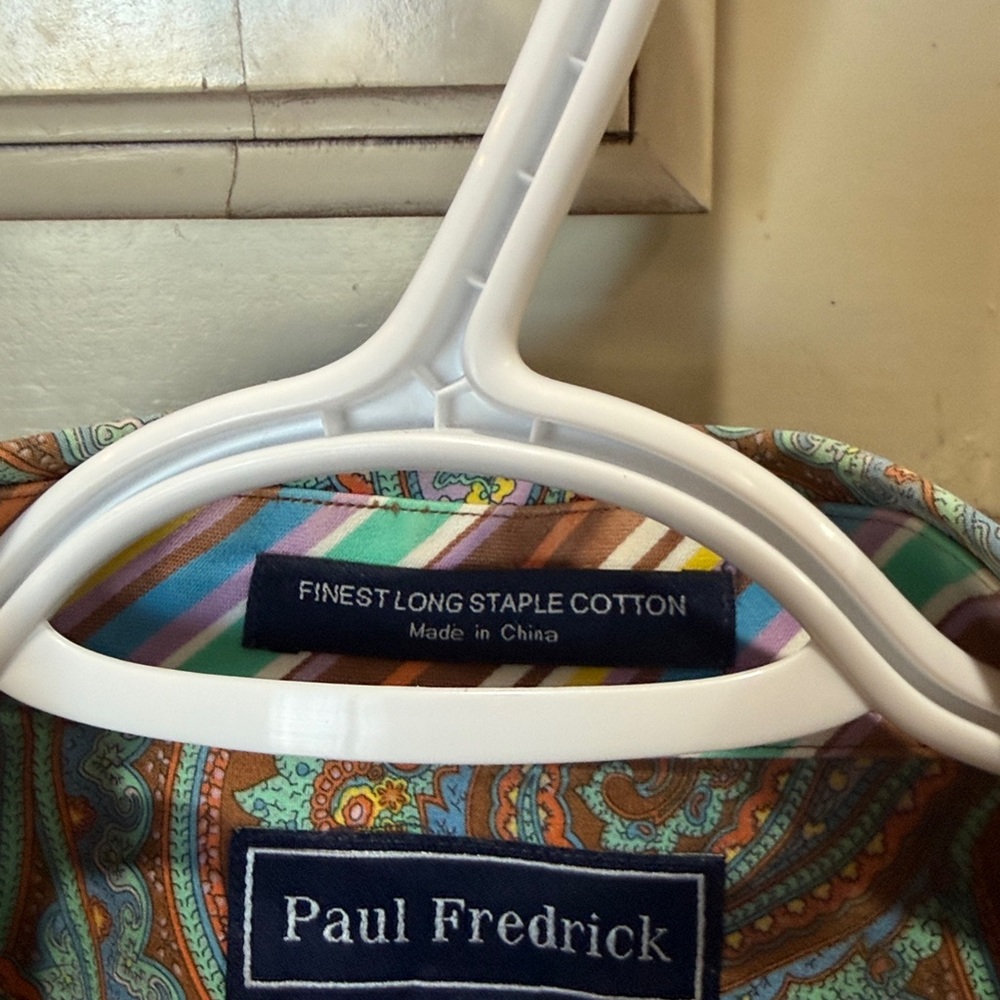Paul Fredrick 100% Cotton Paisley Shirt in Soft Blue and Orange. LVery Good Cond - Picture 4 of 10